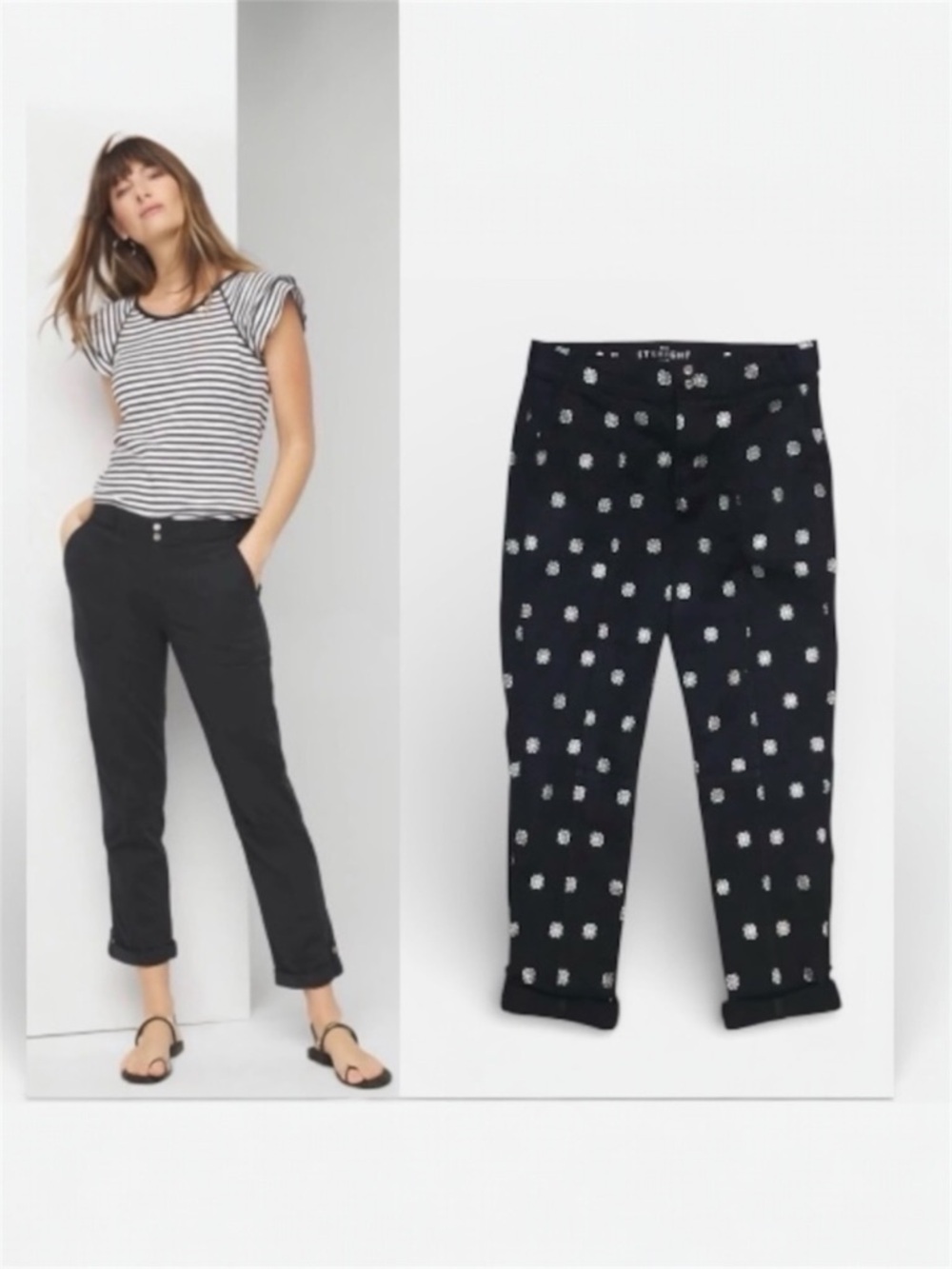 WHBM “Pret-A-Pedi” Curvy-Fit Mid-Rise Cropped Pant in Black/Gold Size 8L